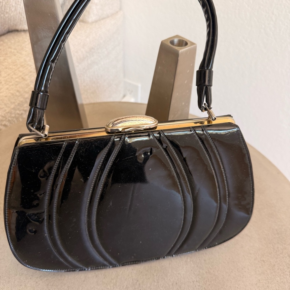 Vintage Black Patent Top-Handle Clutch with Gold Frame